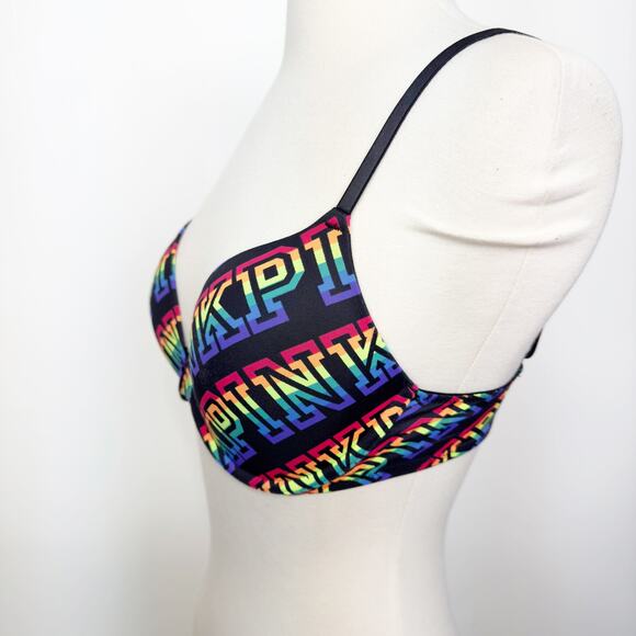 Victoria's Secret PINK Rainbow All Over Logo T-Shirt Bra 32D - Picture 2 of 5